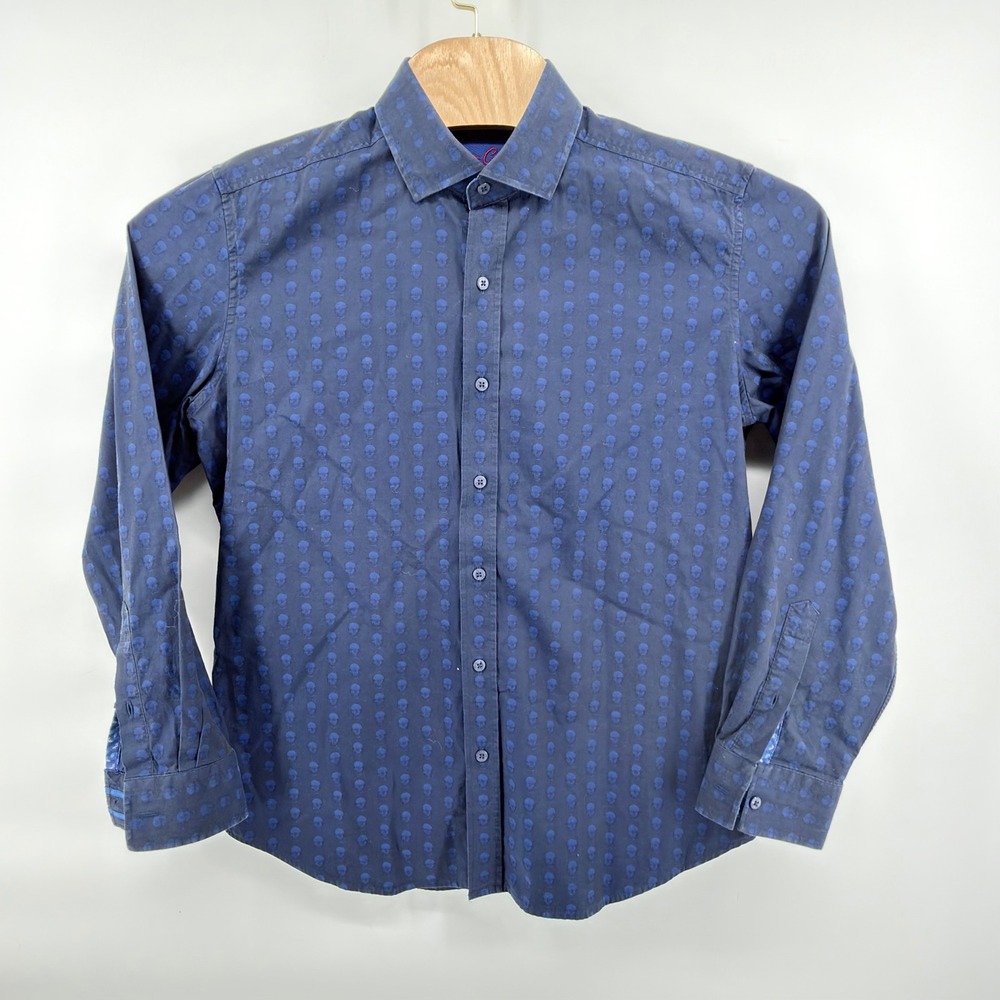 Robert Graham Button Front Shirt Mens L Navy Blue Skull Jacquard Tailored Fit